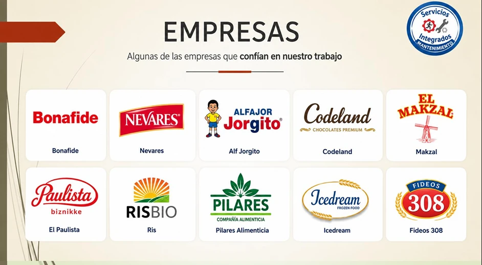 Empresas que confían en Servicios Integrados: Bonafide, Nevares, Alfajor Jorgito, Codeland, El Paulista Biznikke, Fideos 308, Risbio, Pilares Compañía Alimenticia, Icedream, El Makzal